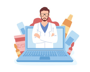 Fototapeta na wymiar Faceless cartoon man doctor shows up from laptop online. Process of providing modern healthcare services. Online telemedicine sector. Vector flat illustration