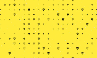 Seamless background pattern of evenly spaced black fire protection symbols of different sizes and opacity. Vector illustration on yellow background with stars