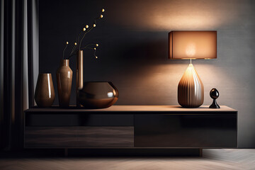 Interior design composition with a modern sideboard with a lamp and vases on it. Generative AI