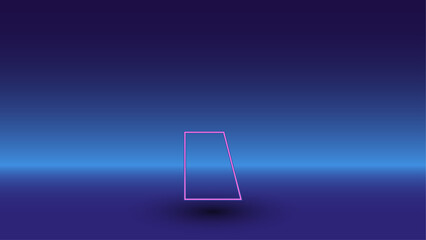 Neon trapezium symbol on a gradient blue background. The isolated symbol is located in the bottom center. Gradient blue with light blue skyline
