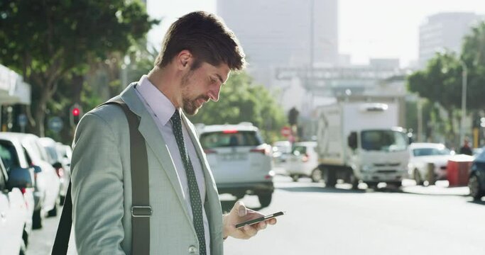 Cellphone, city and business man typing, check and booking transportation, taxi app or travel car to work. Traffic, application and professional person search online for morning commute transport