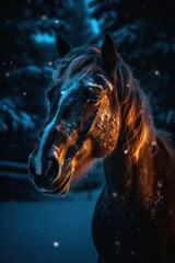 Beautiful horse portrait in the snowy winter forest with falling snow. Generative AI