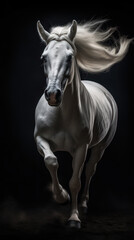 Beautiful white horse with long mane in motion on black background, Generative AI