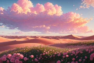 Fototapeta na wymiar Im Licht des Sonnenuntergangs: Blühende Blumen in der mystischen Wüste - Generative AI 3