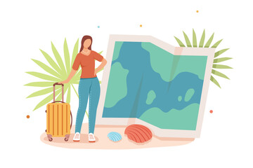 Woman standing with luggage near the map, planning travel abroad, going to great adventure. Vacation across world. Voyage overseas. Vector cartoon illustration