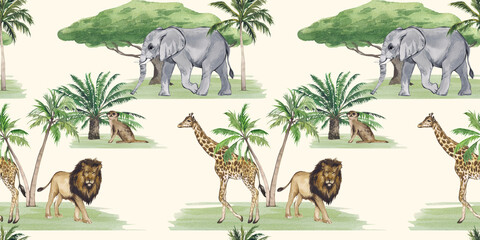 African animals watercolor seamless pattern. Giraffe, elephant, lion, meerkat. Safari illustration, palm trees and jungle. Design and decoration of children's products. © Yana