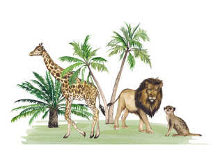 Watercolor composition with African animals and plants. Lion, giraffe, meerkat and palm trees. Decoration of a children's room, products for the baby. Exotic animals, tropics, africa.