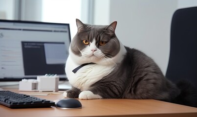 A contented fat cat oversees the office affairs from the comfort of the table. Creating using generative AI tools