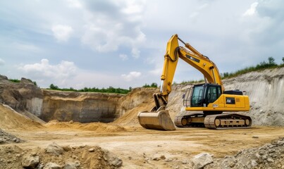 Fototapeta na wymiar Heavy-duty yellow excavator clearing debris at construction project. Creating using generative AI tools