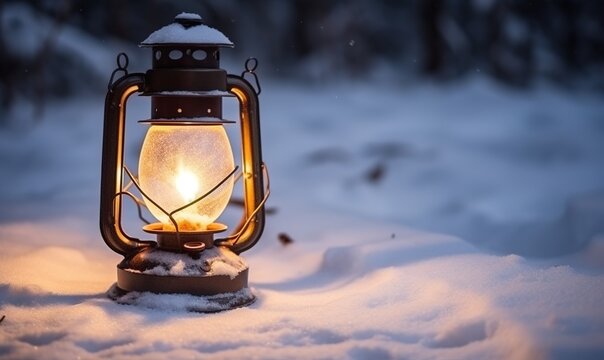 Lantern In Winter With Snow On Ground, In The Style Of Depictions Of Inclement Weather