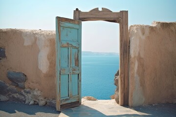 Santorini style gate offering a view to the sea - created using generative AI tools