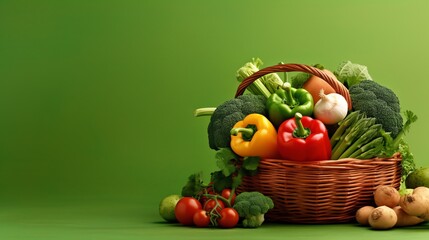 Basket of vegetables on a green background. Vegetarian illustration.