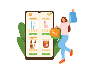 Fototapeta premium Cartoon girl posing with shopping in front of mobile app with cosmetics. Goods during online shopping. Making purchases over internet. Modern cartoon characters on sale. Vector