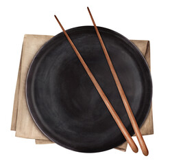 Chopsticks placed on a black plate. Watercolor illustration