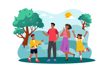 Family hikes in the mountains for a refreshing morning.