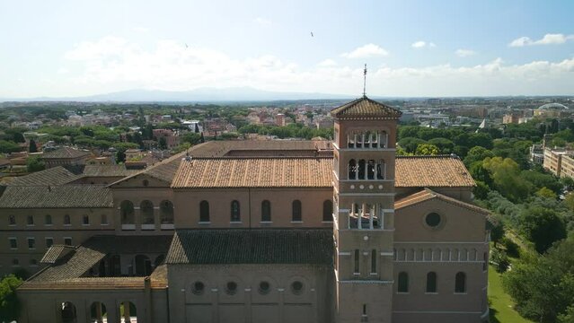 Aerial Pullback Reveals Basilica of Saint Bonifacio and Alessio in Rome, Italy