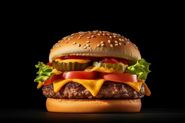 Fresh cheeseburger isolated on dark background. Created with Generative AI Technology