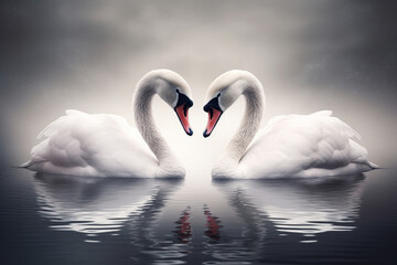 Animal, wildlife, love and fantasy concept. Two white swans in love swimming in lake. Swans making heart shape from necks in dreamlike and magical background with copy space. Generative AI