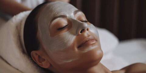 Lifestyle portrait of woman at luxury spa with facial mask treatment, Close up, Generative AI