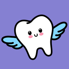 Cute tooth emoji angel isolated on purple background. Flat design cartoon kawaii style smiling character in angel with wings carnival costume vector illustration. Children teeth hygiene concept