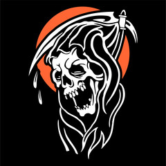 vector illustration skeleton skull grim reaper artwork . Can be used as Logo, Brands, Mascots, tshirt, sticker,patch and Tattoo design.
