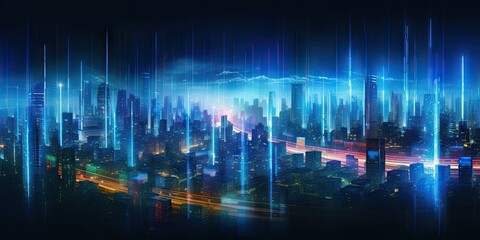 Obraz na płótnie Canvas Neon Futuristic. Blue Light in a Technological Metropolis. Creating Cityscape Background Generative AI illustrations