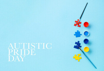 Autistic Pride Day Card Concept, colorful Puzzles on Blue Background.