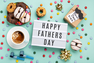Fathers day Card with Gift Box, Cup of Coffee and Sweet Donuts on Blue Mint Background