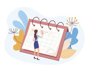 Young woman marks work tasks on calendar increasing productivity in business. Cartoon female doing tasks and managing time. Career goals achievement. Vector flat style illustration