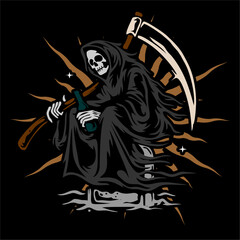 vector illustration skeleton skull grim reaper artwork . Can be used as Logo, Brands, Mascots, tshirt, sticker,patch and Tattoo design.