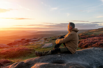 Bearded  Man in orange jacket relaxing alone on the top of  mountain  and drinking hot coffee at...