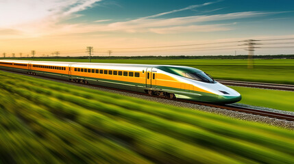 Fototapeta na wymiar High-speed train on the railway at day. Concept of speed and motion. created by generative AI