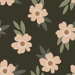 Wild rose in a botanical seamless pattern. Rosehip flowers are pink on a dark green background. 