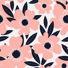 Wild rose in a botanical seamless pattern. Rosehip flowers are pink on a light gray background. 