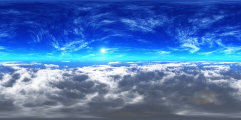 Obraz premium Panorama of clouds, HDRI, environment map , Round panorama, spherical panorama, equidistant projection, panorama 360, flying above the clouds,sky above the clouds, 3D rendering