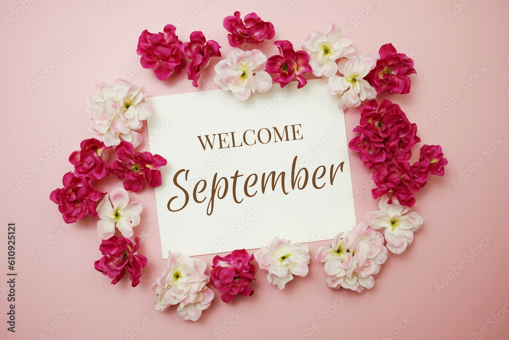 Canvas Prints Welcome September card typography text with flower bouquet on pink background