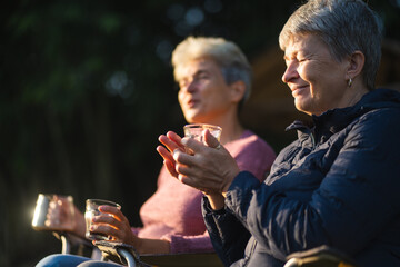 Happy senior middle aged mom drinking tea at home and chatting, relaxing on sofa in living room, enjoying cup of coffee together, talking and laughing. Family relationships