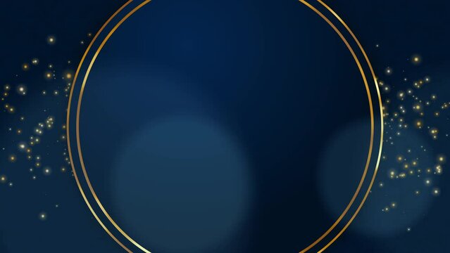 Golden rings on blue background with shiny particles. Animated looping screensaver with empty copy space for text in center. Festive greeting card.