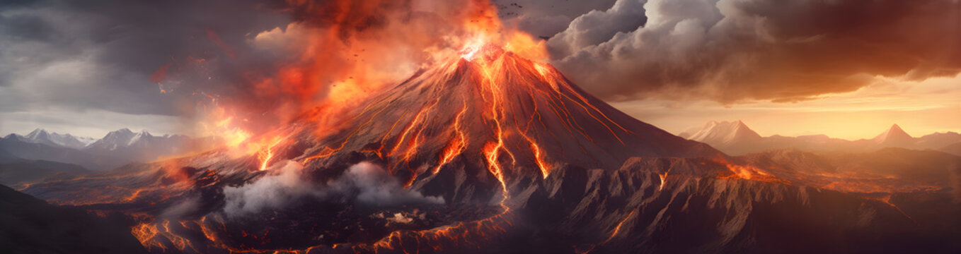Volcano eruption panoramic view . Created by generative AI .