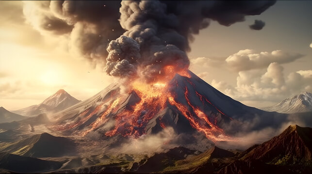 Volcano eruption scenery background . Created by generative AI .