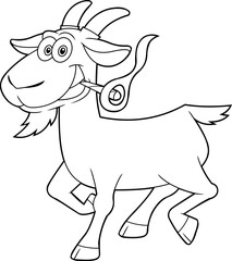 Outlined Funny Goat Cartoon Character Running And Smoking A Joint. Vector Hand Drawn Illustration Isolated On Transparent Background
