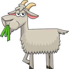 Funny Goat Cartoon Character Eating A Grass. Vector Hand Drawn Illustration Isolated On Transparent Background