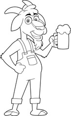 Outlined Goat Farmer Cartoon Character Holding A Glass Of Beer. Vector Hand Drawn Illustration Isolated On Transparent Background