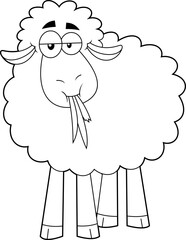 Outlined Funny Sheep Cartoon Character Eating A Grass. Vector Hand Drawn Illustration Isolated On Transparent Background