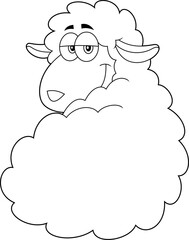 Outlined Smiling Female Sheep Cartoon Character. Vector Hand Drawn Illustration Isolated On Transparent Background