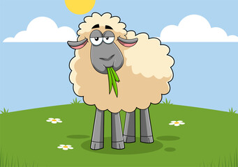 Funny Sheep Cartoon Character Eating A Grass. Vector Hand Drawn Illustration With Landscape Background