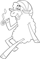Outlined Funny Sheep Cartoon Character Smoking A Joint. Vector Hand Drawn Illustration Isolated On Transparent Background