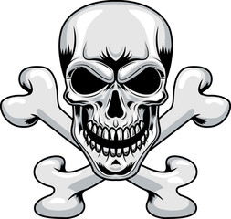 Skull With Crossbones Pirate symbol Jolly Roger Graphic Logo Design. Vector Hand Drawn Illustration Isolated On Transparent Background