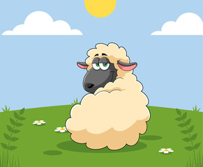 Smiling Female Sheep Cartoon Character. Vector Hand Drawn Illustration With Landscape Background