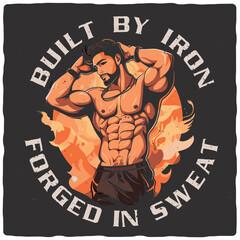 T-shirt or poster design with illustration of a strong man